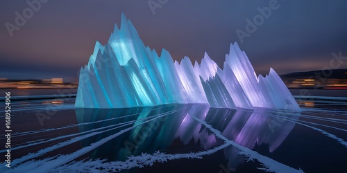 Fototapeta Naklejka Na Ścianę i Meble -  Illuminated ice sculpture reflecting on frozen lake at dusk displaying vibrant blue and purple hues creating a dramatic and evocative scene