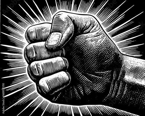Powerful fist raised in a black and white illustration with radial lines