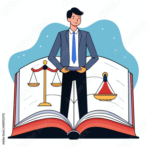 Professional male advocate standing confidently inside open law book symbolizing justice, legal wisdom, courtroom authority, and strong attorney representation