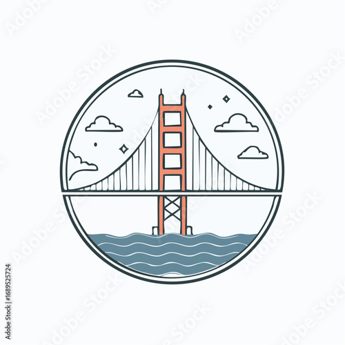 Iconic Golden Gate Bridge illustration in a circular badge, symbolizing travel and landmark architecture