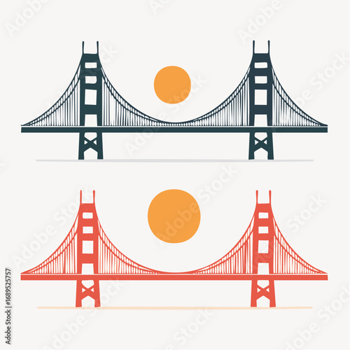 Golden Gate Bridge Illustrations, Iconic San Francisco Landmark in Two Color Variations with Sun
