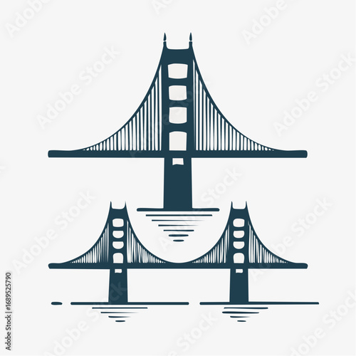A collection of three minimalist, single-color icons depicting a famous suspension bridge. Stylized vector illustrations of an iconic architectural landmark