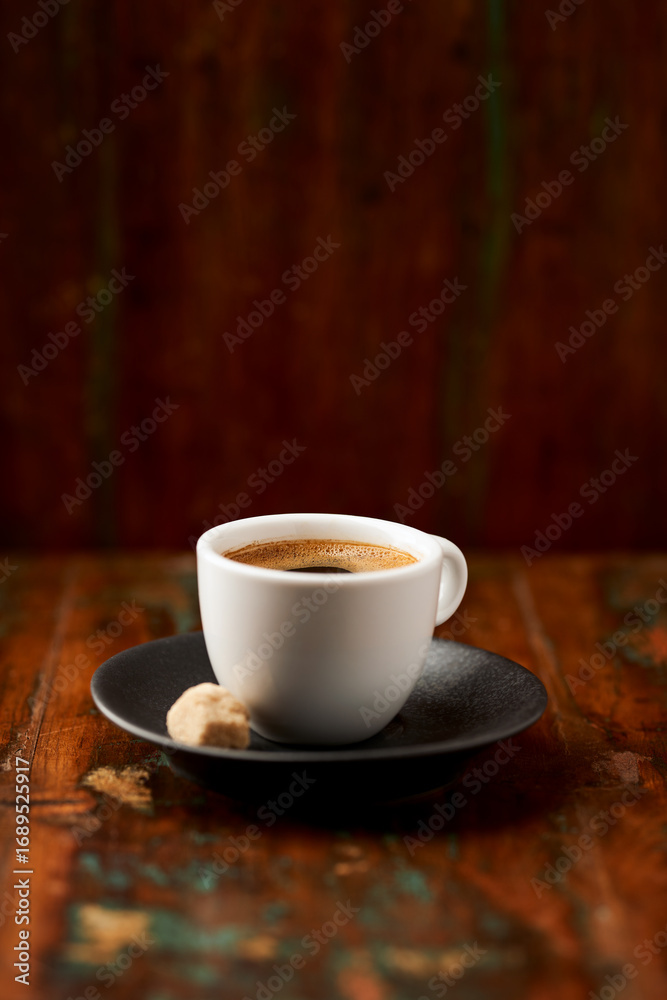 Obraz premium Cup of coffee on rustic wooden background. Soft focus. Copy space