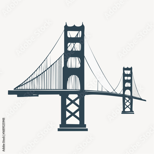 Stylized vector graphic of a famous American suspension bridge. A minimalist icon design representing a monumental architectural landmark on a clean white background