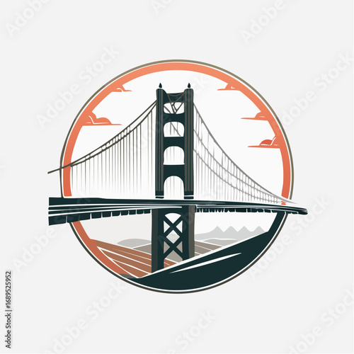 An ultra-minimalist vector graphic icon of a famous suspension bridge landmark. This clean and modern design is presented in a circular badge style