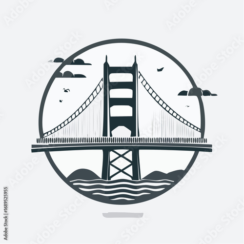Stylized monochrome illustration of a grand suspension bridge, gracefully framed within a circular emblem, capturing the essence of an iconic architectural landmark