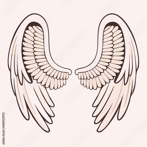 A beautifully detailed illustration of a pair of symmetrical angel wings, symbolizing spirituality, freedom, and heaven's grace
