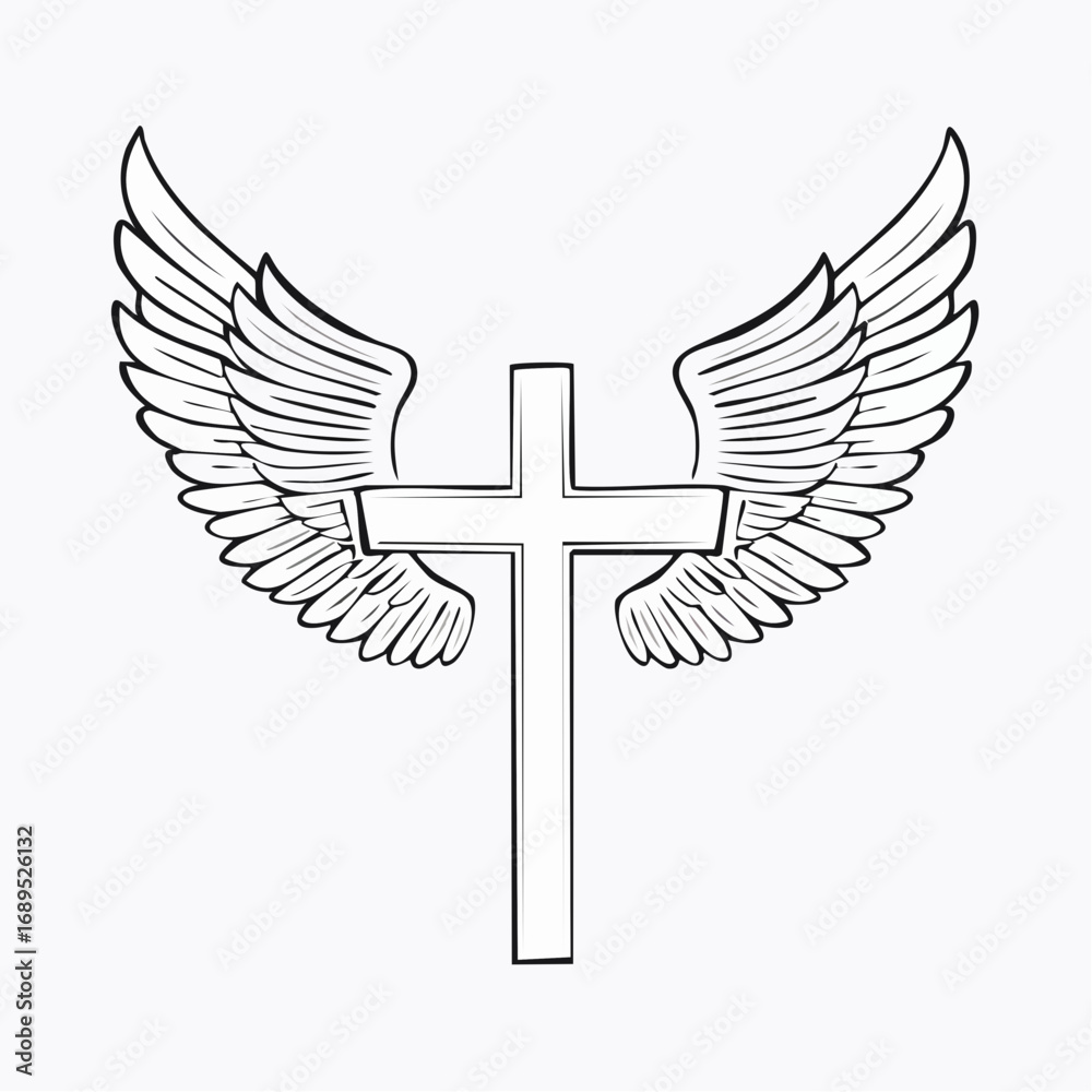 Fototapeta premium Cross with Wings A Black and White Vector Design