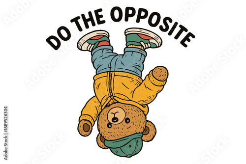 Bear in a yellow jacket encourages originality while hanging upside down at a bright background