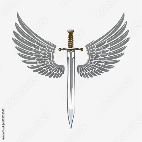Iconic winged sword vector graphic. Elegant blade with graceful angel wings, symbolizing strength, freedom, and protection. Clean design for heroic or heraldic art