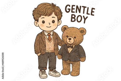 Cute boy in formal attire with teddy bear, showcasing friendship and warmth in a delightful illustration