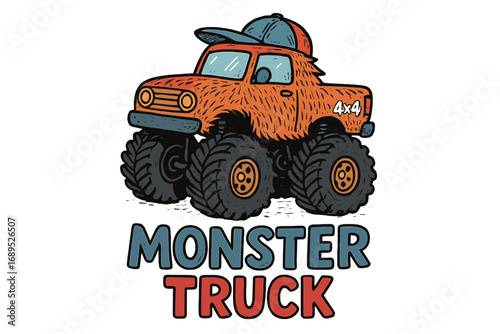 Monster truck with oversized tires and vibrant colors showcased on a playful background during a fun event