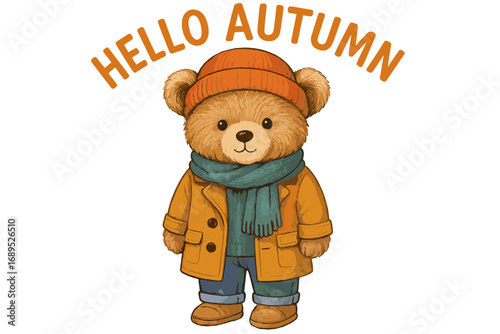 Cute bear welcoming autumn in cozy outfit with scarf and hat, perfect for fall decorations