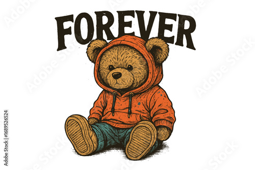 Cute bear wearing a hoodie and jeans with the word forever displayed above in a playful design
