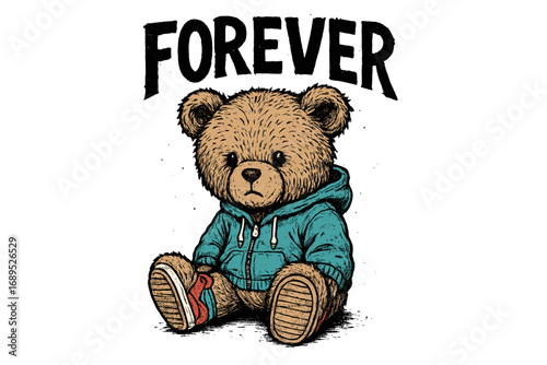 Cute teddy bear character wearing a hoodie with the word forever above it in a playful, artistic design