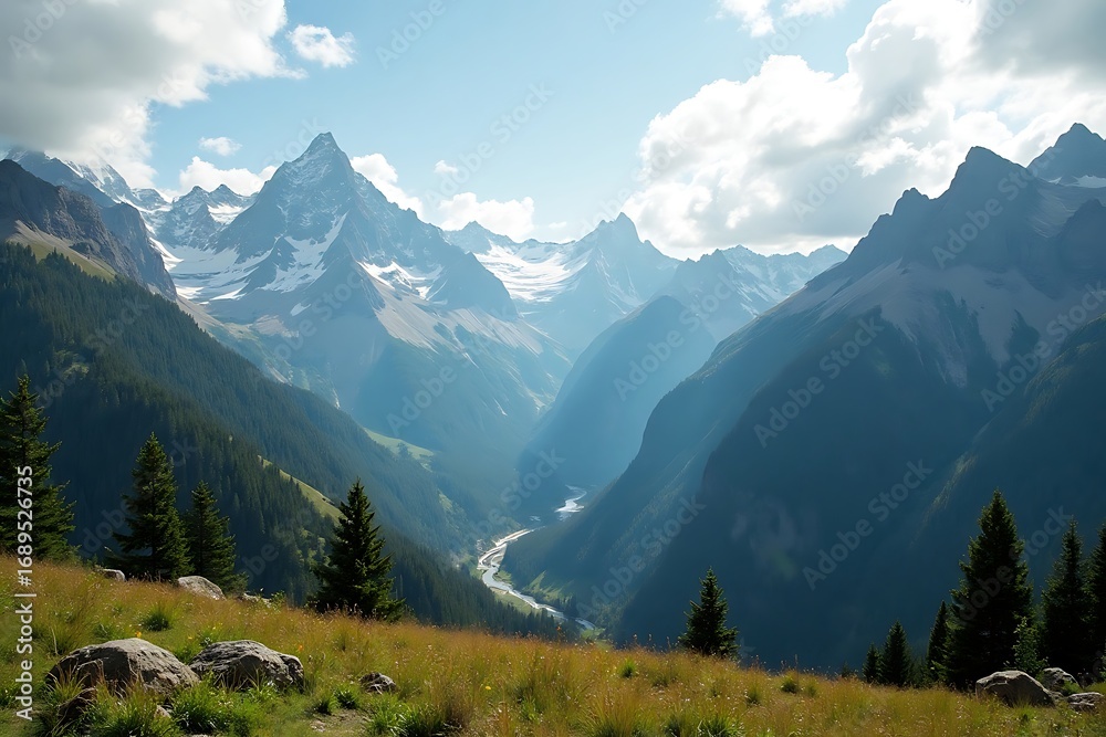 Fototapeta premium Beautiful view from top of mountain pass. Alps, Europe.