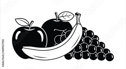Black and white illustration of a fruit arrangement isolated on white background, featuring apples, banana, and grapes