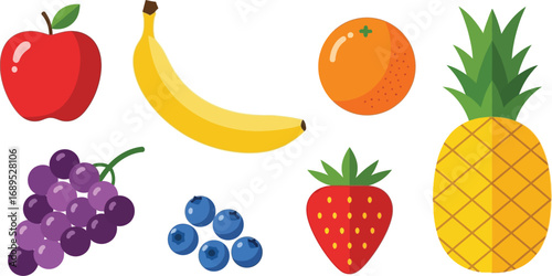 Colorful assortment of fresh fruits including apple, banana, orange, pineapple, grapes, blueberries isolated on white background