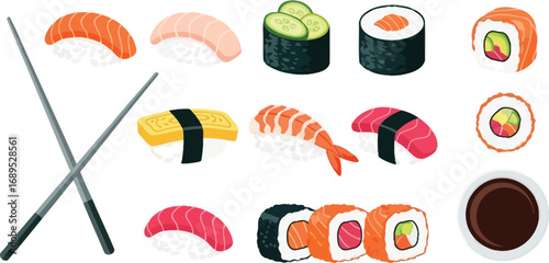 Assortment of sushi, including nigiri, maki, and sashimi, with chopsticks, isolated on white background