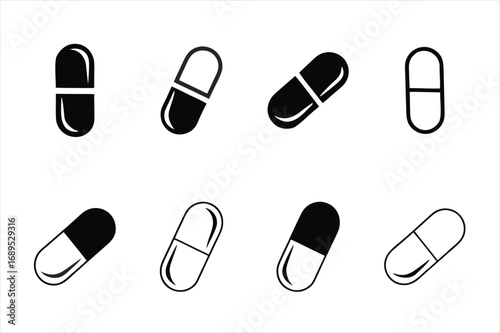 Capsule icons set, medicine and pills vector silhouettes illustration. various colors white background.