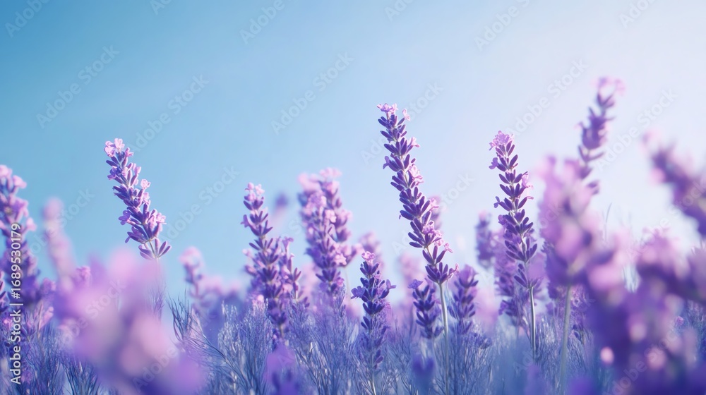 Fototapeta premium Lavender blooms under a clear blue sky.