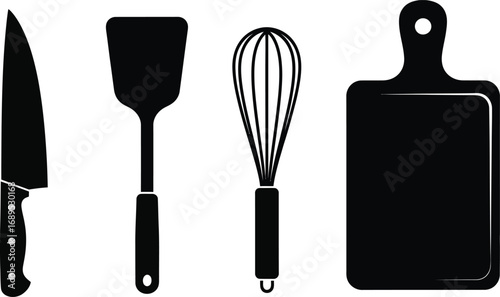 Kitchen utensils isolated on white background, including knife, spatula, whisk, and cutting board for food preparation