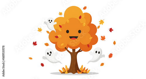 A cheerful autumn tree with a smiling face surrounded by cute friendly ghosts and falling leaves for a festive Halloween celebration