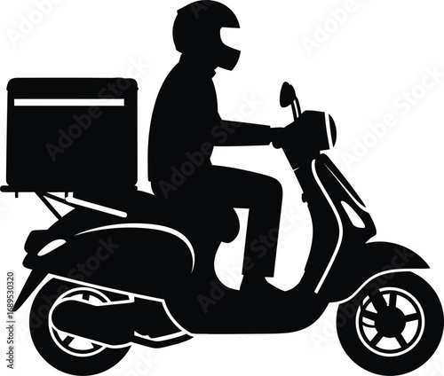 Food delivery scooter isolated on white background, with rider and box for fast and convenient service