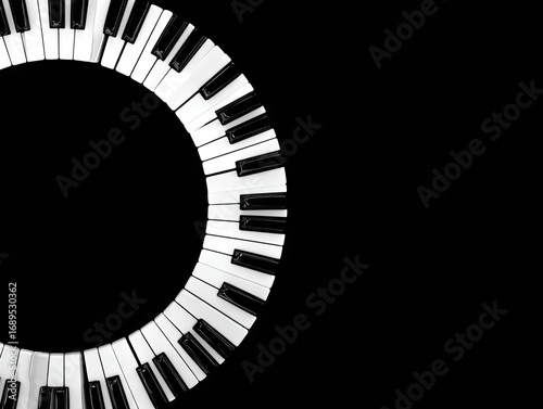 A circular arrangement of piano keys forms a striking visual design against a black backdrop.