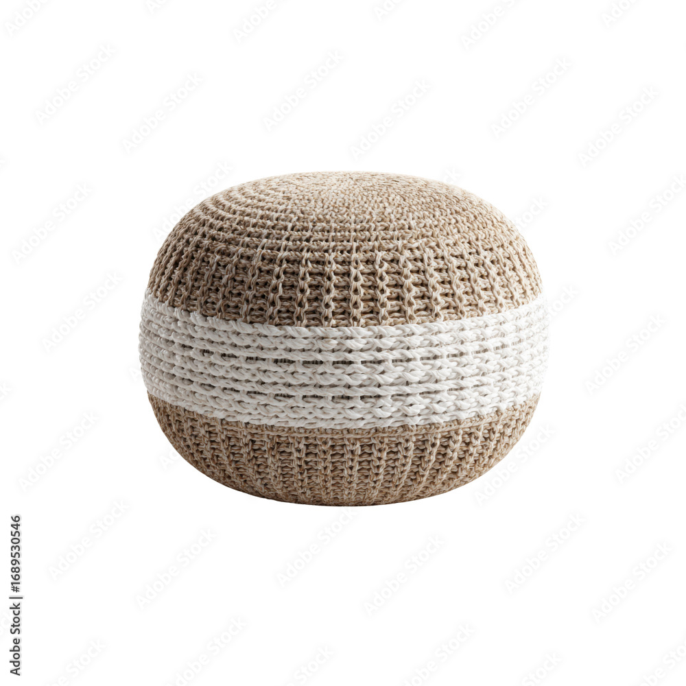 Fototapeta premium Knitted Beige and White Round Pouf Ottoman, Modern Home Decor