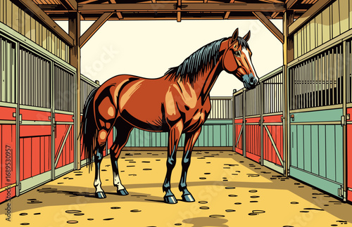 Horse standing in a stable with a confident mood, under wooden roof and colorful stalls