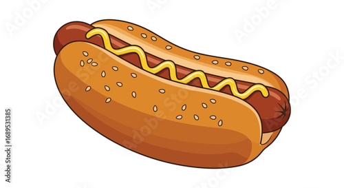 a delicious hot dog with mustard in a sesame bun