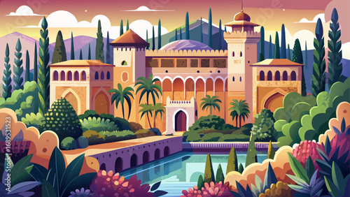 The Alhambra in Granada, Spain, glows with ornate stucco, calligraphy, and delicate arches, a Moorish masterpiece surrounded by lush gardens of Generalife reflecting Andalusian elegance.