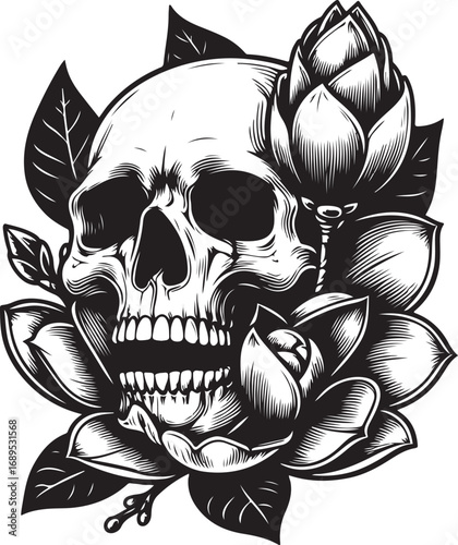 Intricate Skull and Blooming Flowers Design for Tattoo Ideas