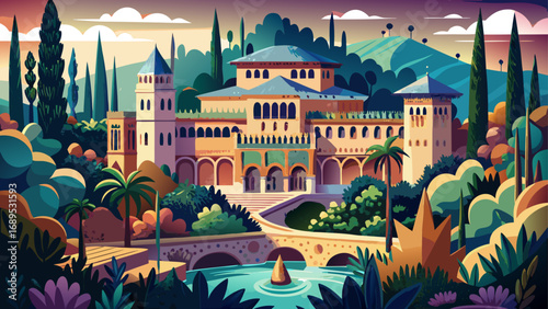The Alhambra in Granada, Spain, glows with ornate stucco, calligraphy, and delicate arches, a Moorish masterpiece surrounded by lush gardens of Generalife reflecting Andalusian elegance.