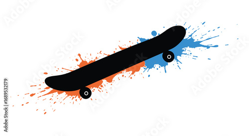 a skateboard with vibrant paint splashes around it