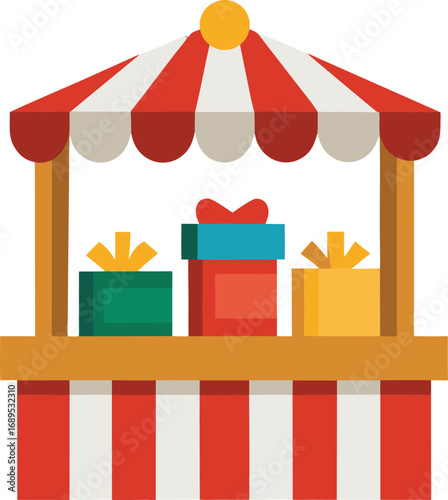 Colorful Market Stall with Gifts and a Striped Awning for Festive Occasions