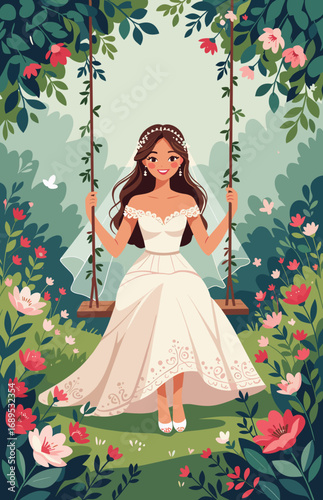 Bride with a joyful mood sitting on a swing surrounded by colorful flowers in a garden