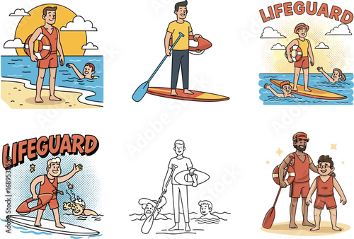 Cartoon Lifeguard, Beach Safety, Paddle Boarding, Swimmers, Lifeguard Rescue, Lifesaver, Ocean Safety, Water Rescue, Beach Vacation, Swimming, Summer Fun, Water Sports, Digital Ar