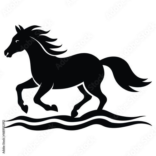 Adobe Ill Horse Head Silhouette - Stylized Cut Out Vector Constrictor Artwork Ultra-detailed white stallion galloping through shallow turquoise surf, splashes sparkling under golden sunset light, blur