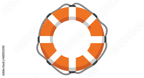 a bright orange lifebuoy with white stripes and rope handles