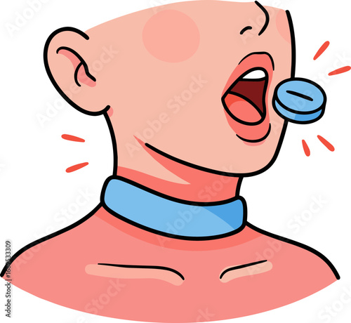 Person wearing a blue choker and screaming with an open mouth  