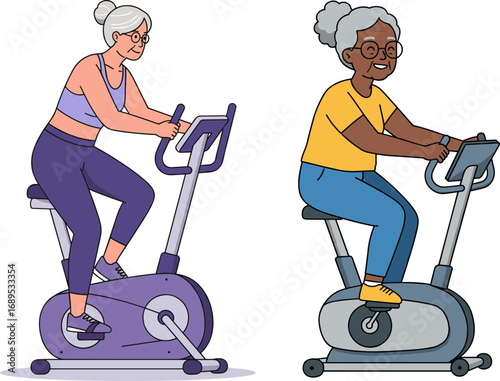 Two elderly women exercising on stationary bikes in a fitness setting  