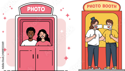 Two diverse couples enjoying photo booth moments with props  