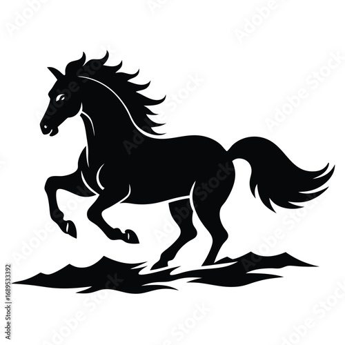 Adobe Ill Horse Head Silhouette - Stylized Cut Out Vector Constrictor Artwork Ultra-detailed white stallion galloping through shallow turquoise surf, splashes sparkling under golden sunset light, blur