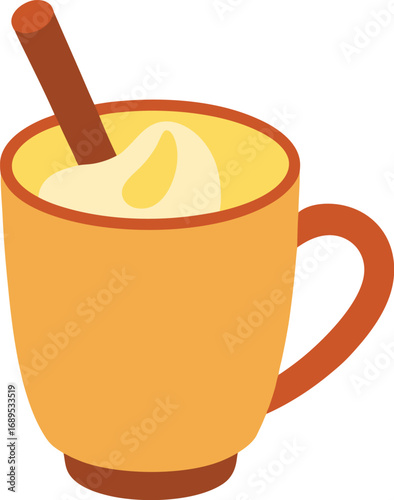 Warm cup of eggnog with cinnamon stick and whipped cream illustration