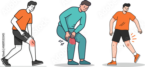 Young man experiencing knee pain while exercising and stretching  