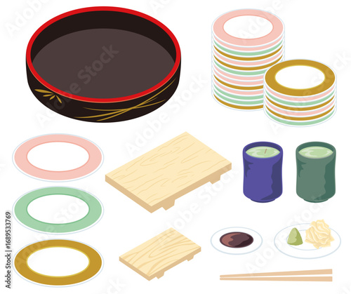 寿司周辺アイテムセット｜寿司皿・寿司桶・寿司盛台・お茶・醤油・わさび・ガリ・箸のベクター素材(Sushi Accessory Set | Plates, Sushi Tub, Serving Board, Tea, Soy Sauce, Wasabi, Pickled Ginger, Chopsticks Vector)
