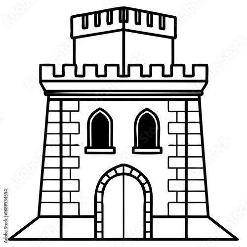 Black and white illustration of medieval castle tower