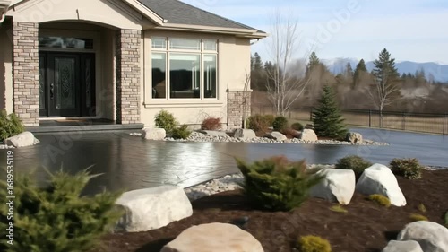 Luxurious modern home exterior with stamped concrete driveway and scenic mountain views in the distance